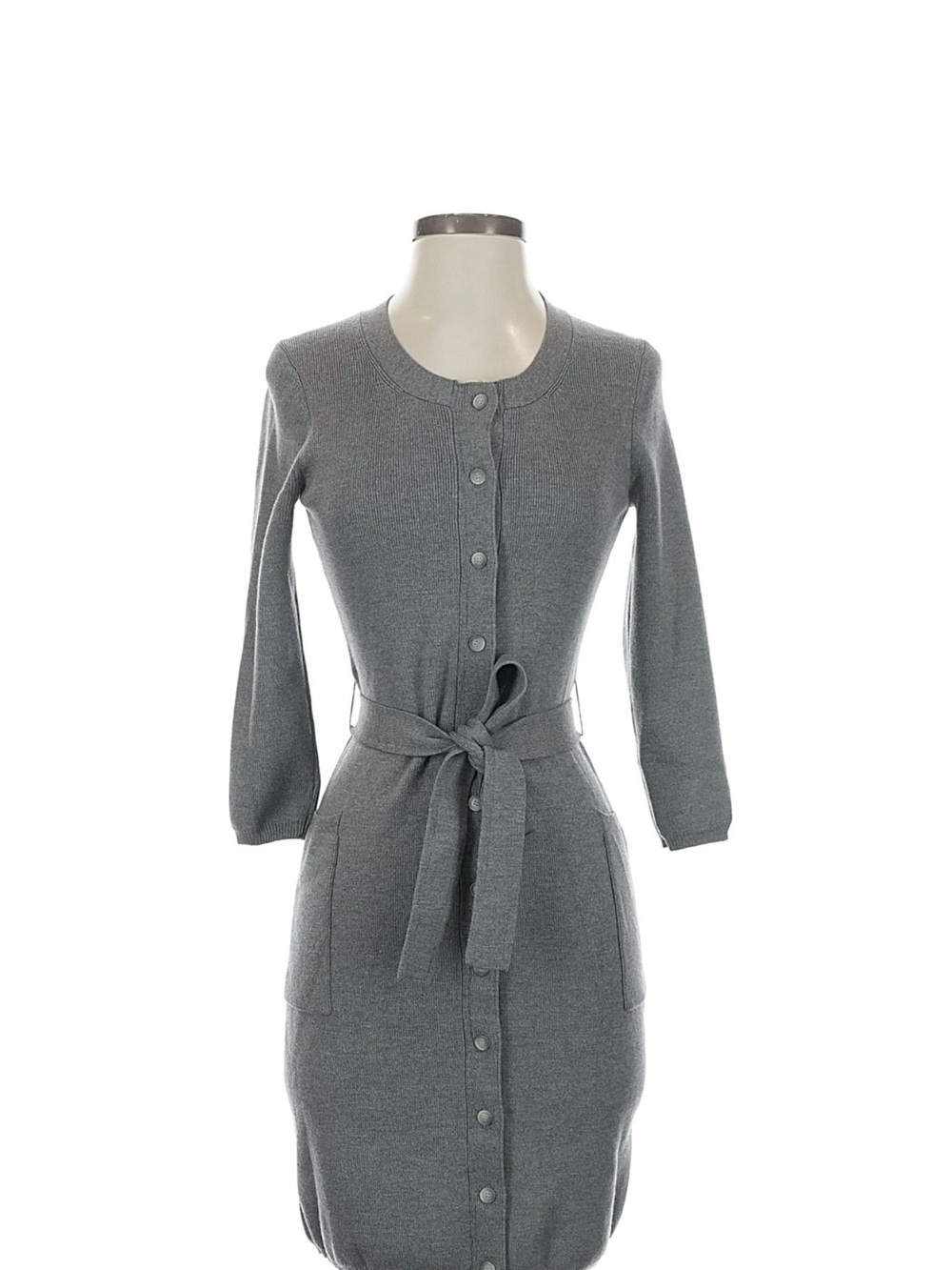 Theory Gray Knit Button-Front Tie-Waist Midi Dress